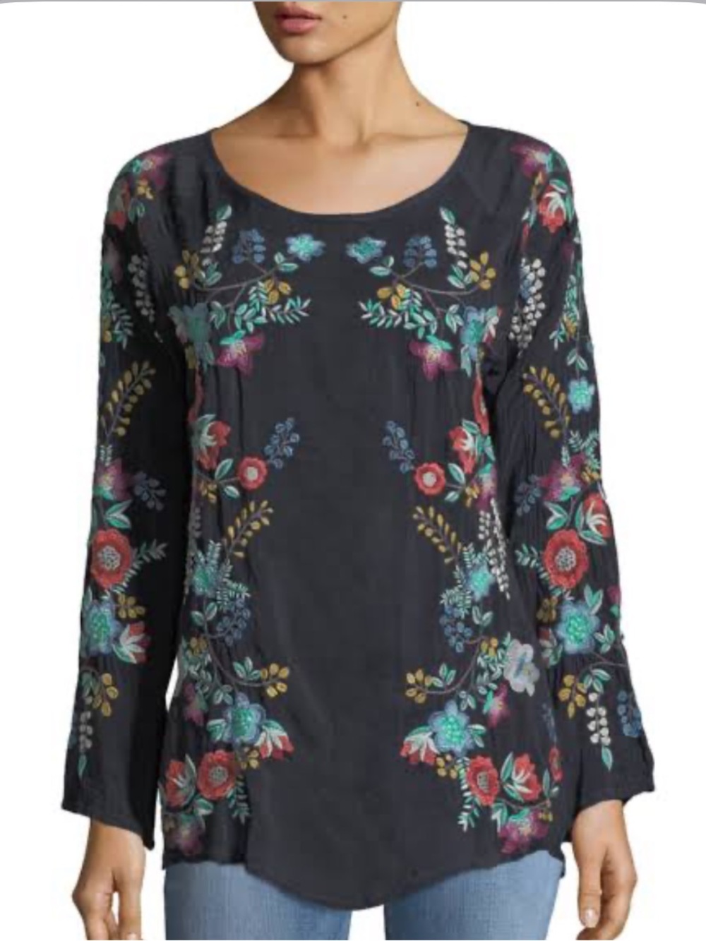 Johnny Was Kikimu Navy Blue Embroidered Floral Long-Sleeve Georgette Blouse S